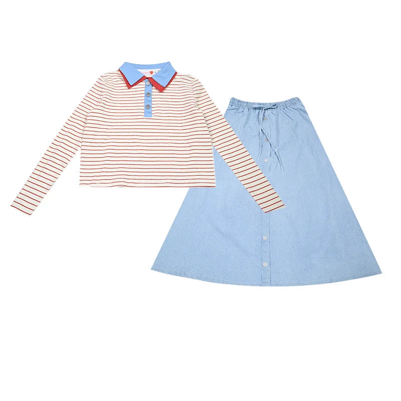 Kids Family Sibling Matching Pinstripe Clothes Set Girls Teenage Dresses Boys Shirt Baby Rompers Garment Washed Children Clothes