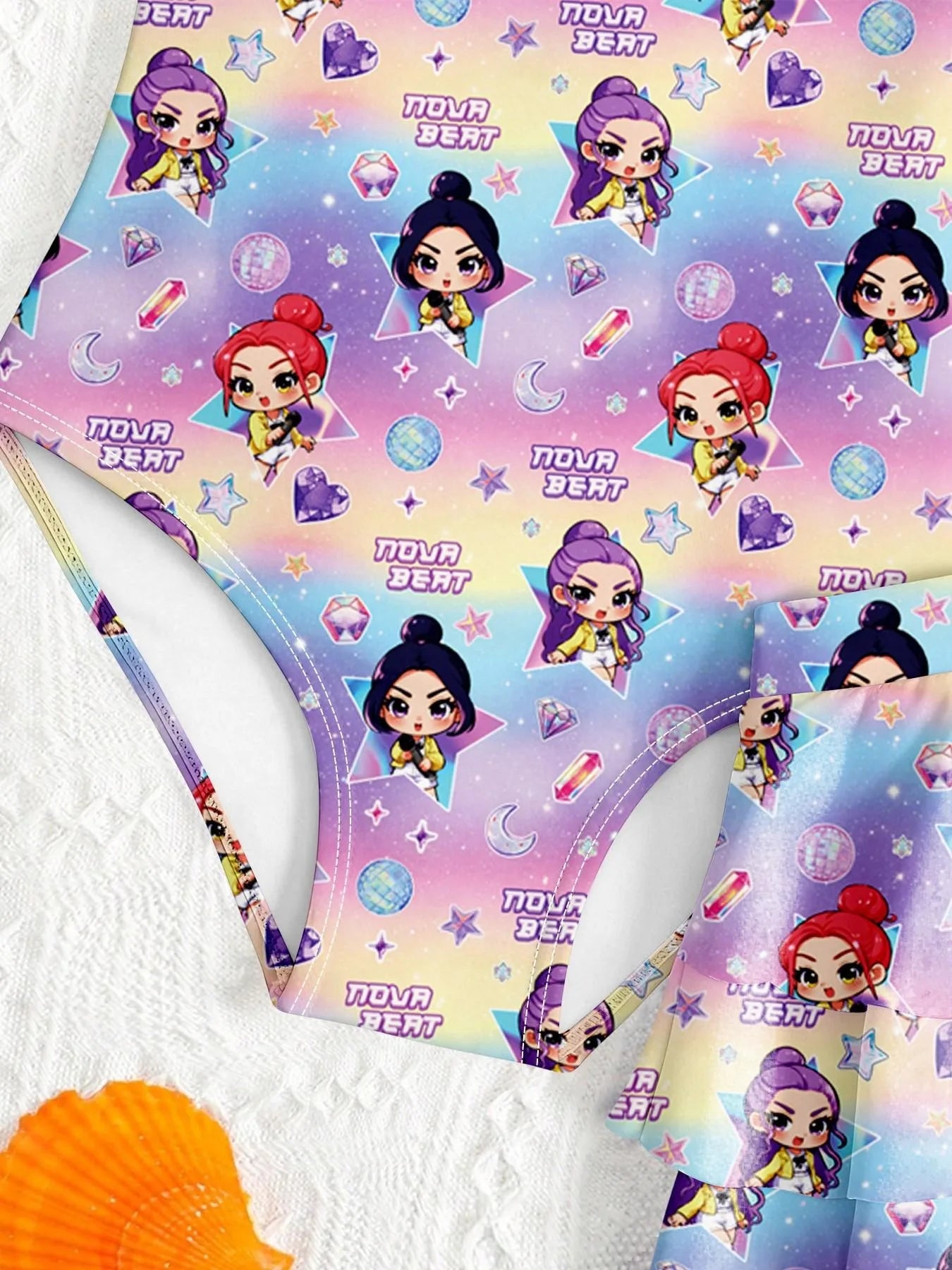 Sweet Girls 2 Pieces Swimwear Cute Cartoon Ruffle Sleeve Bikini Set with Skirt Children Vacation Bathing Suit