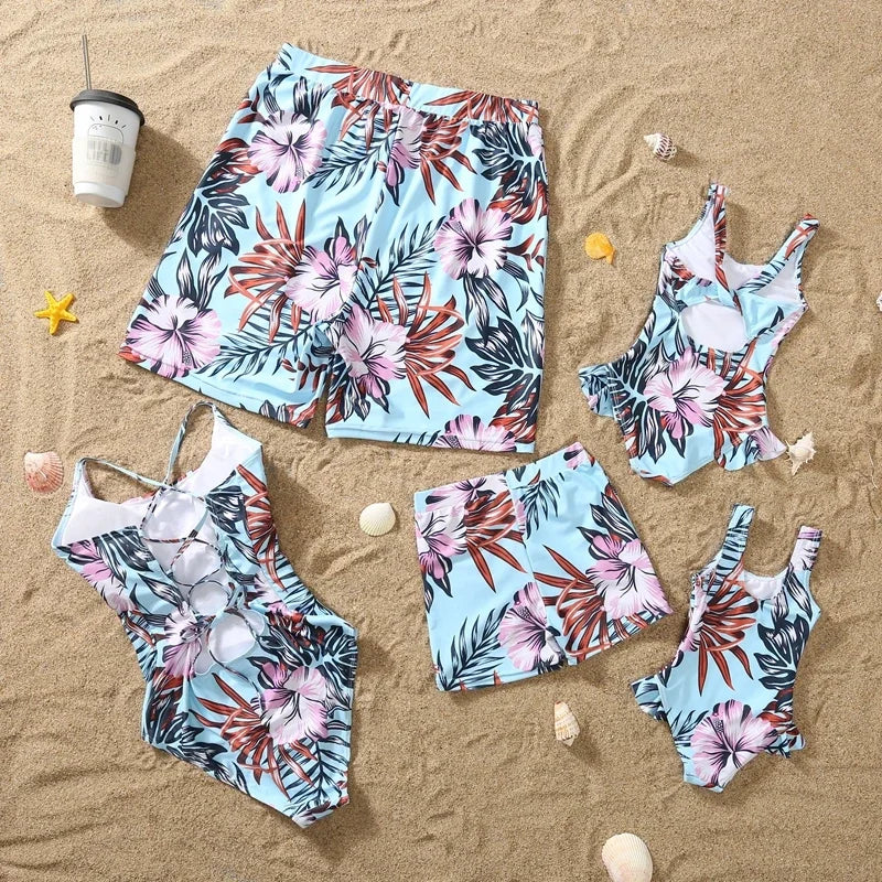 2024 New Mom Daughter Swimwear Floral Pattern Ruffle One-Piece Swimsuit Dad Son Swim Shorts Family Matching Outfits Beach Wear