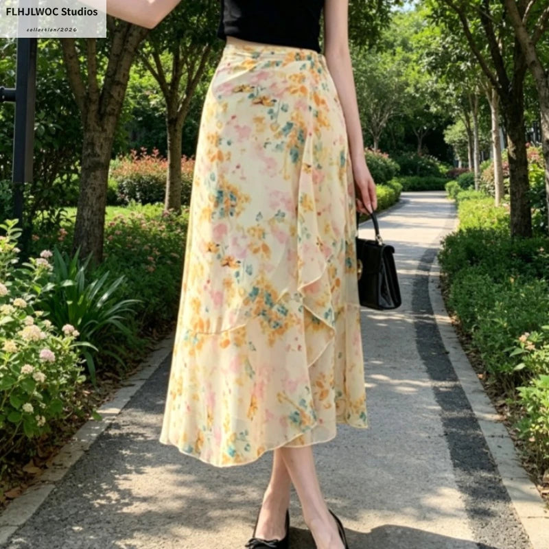Wrap Up Chic Korea Clothes Women Cute Girls Floral Robe Holiday Beach Date High Waist Retro Vintage One-Piece Lace-Up Skirts