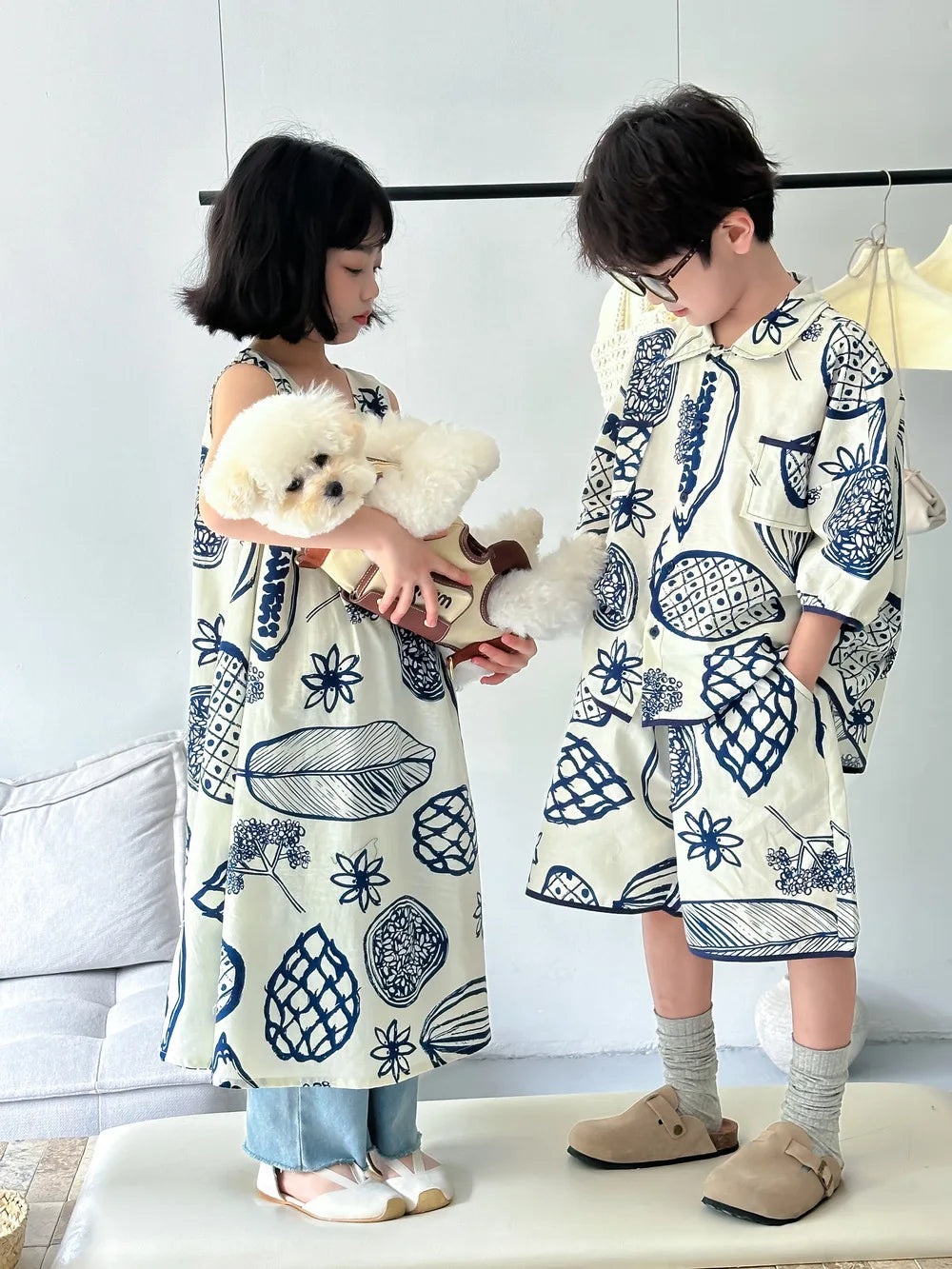 22386-1 Brother Sister Clothes  Boy's Summer Suit Girl's Dress Or Casual Short-sleeved Shirt+Shorts Two-piece Suit