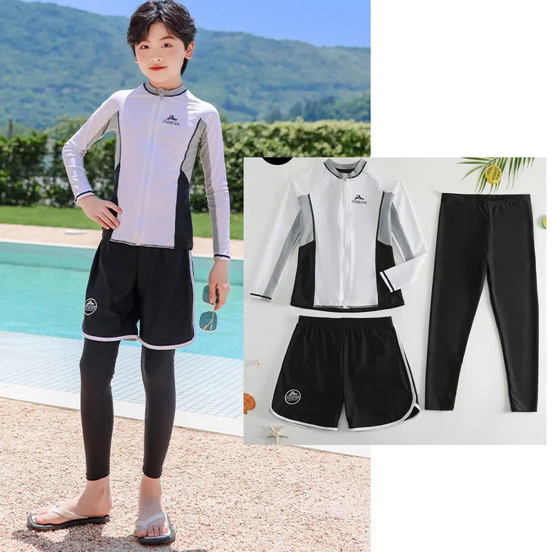 Girls Swimsuit Girls Long Sleeve Rash Guard 3-Pieces Bathing Suit 100cm-160cm Height Athletic Sweatsuit Activewear Tracksuit