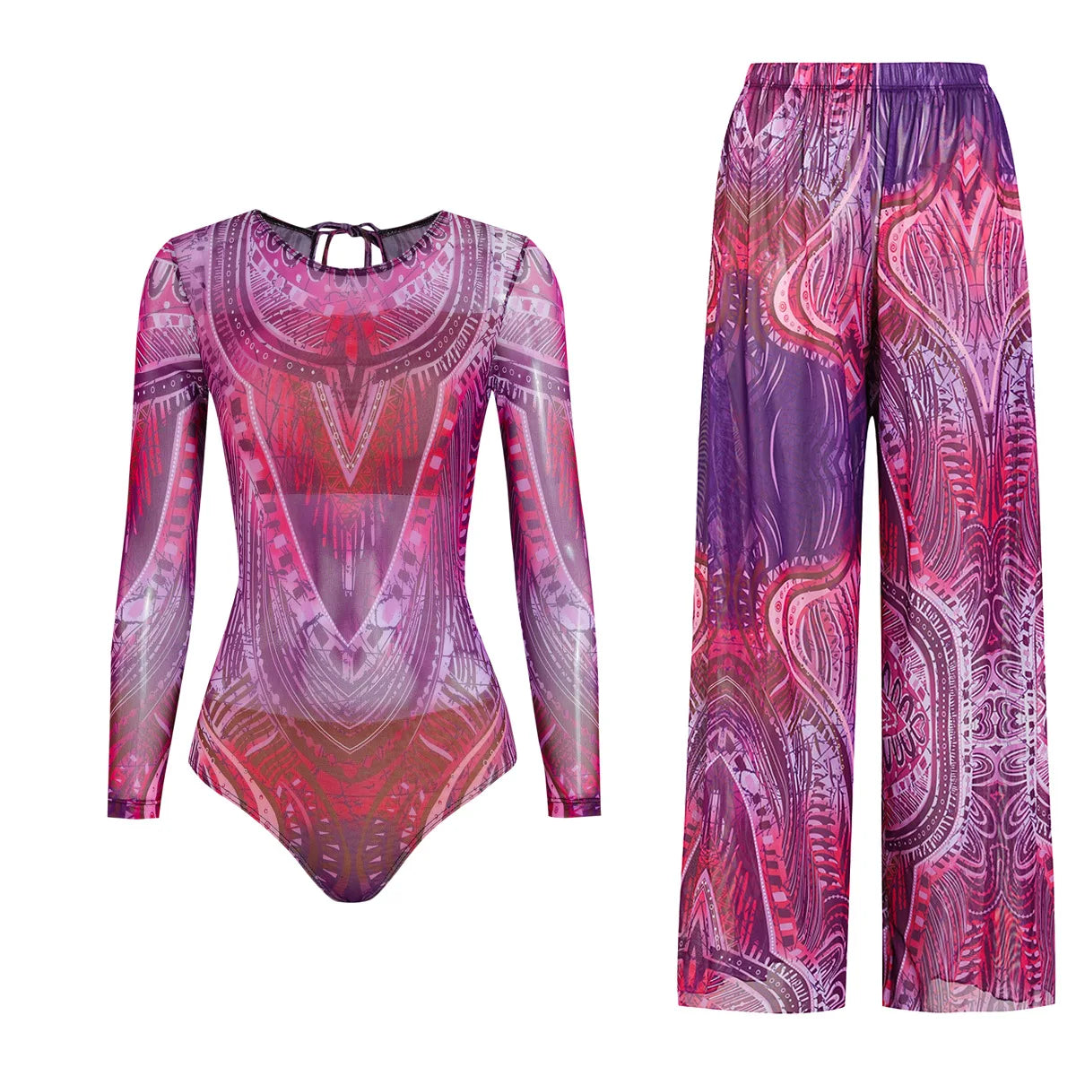 Women's Long Sleeve Swimwear Sunscreen One Piece Swimsuit High Elastic Thickened Mesh Loose Pants SPF35+ New Fitness Beachwear