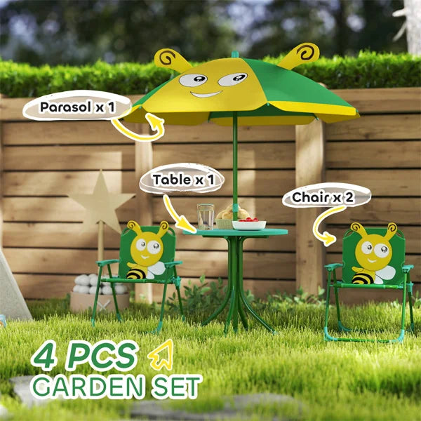 Cute Monkey Kids Patio Table Chair Set with Removable Cartoon Sun Umbrella, Foldable Portable Outdoor Toddler Furniture, 2 Folding Chairs Round Metal Table, Space Saving Kids Play Dining Set for Backyard Garden Lawn Picnic Be