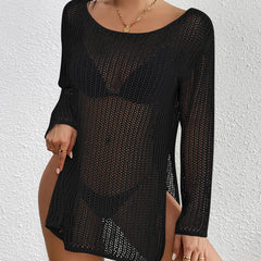 Sexy Style Knitted Loose Bikini Cover-Ups Women's Hollow-Out Long Top Summer Holiday See-Through Beachwear Sunscreen Smock