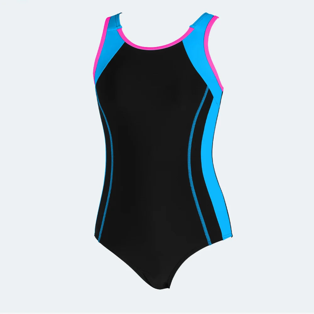 Anfilia Girls One-piece Swimsuit Scoop Neck High Elastic Racerback & Keyhole Modest Leg Cut with Removable Padded Swimwear