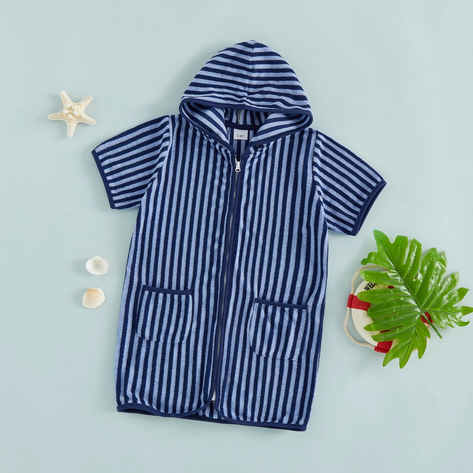 Summer Baby Swim Cover Up Bathing Suit Kids Hooded Towel Infant Boys Girls Short Sleeve Stripes Print Bathing Suit Coverup
