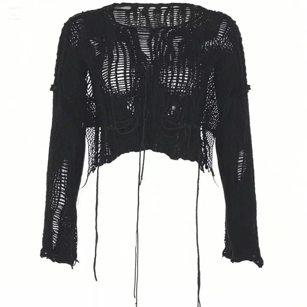 Y2k Cropped Hole Sweater Sexy Gyaru Hollow Out Knit Pullovers Goth Korean Long Sleeve Jumper Summer Fashion Sheer Knitwears Tops