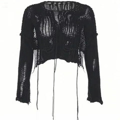 Y2k Cropped Hole Sweater Sexy Gyaru Hollow Out Knit Pullovers Goth Korean Long Sleeve Jumper Summer Fashion Sheer Knitwears Tops