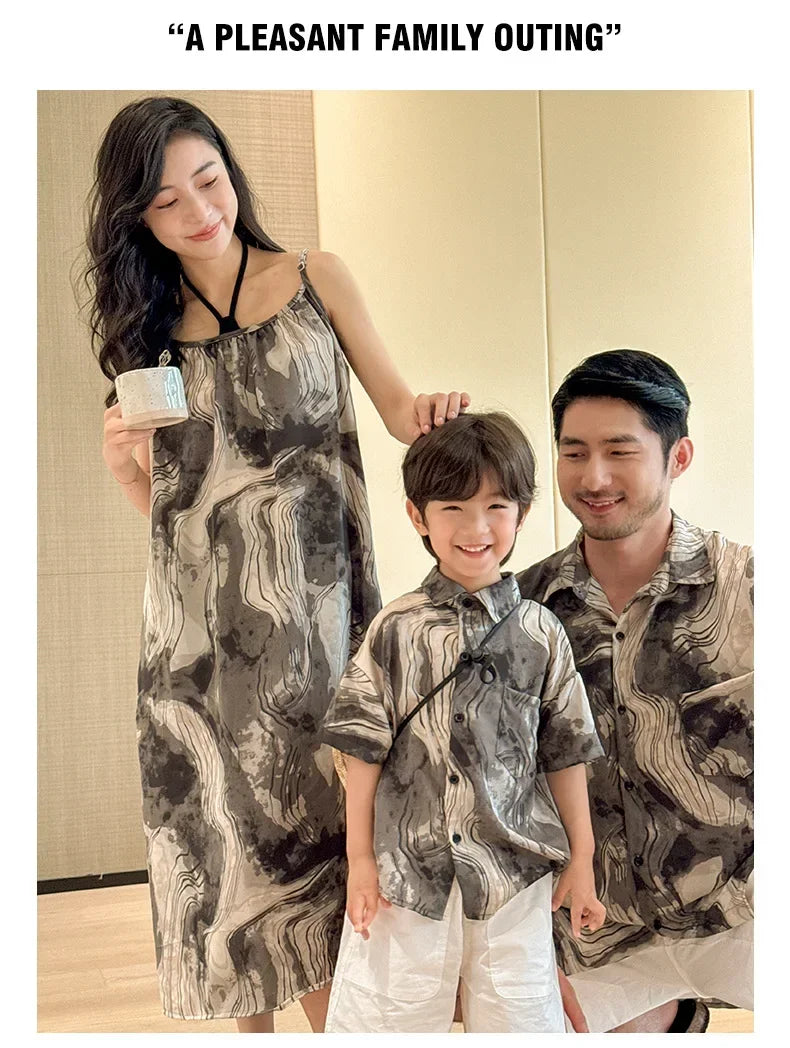 2025 Vacation Look Family Clothes Couple Beach Wear Brother Sister Dad Son Print Shirts Mom Daughter Matching Sleeveless Dress