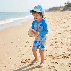 3Pcs Toddler Boy Swimsuit Set Long Sleeve Crew Neck Marine Animal Print Tops Swim Trunks and Hat Rash Guard Bathing Suit