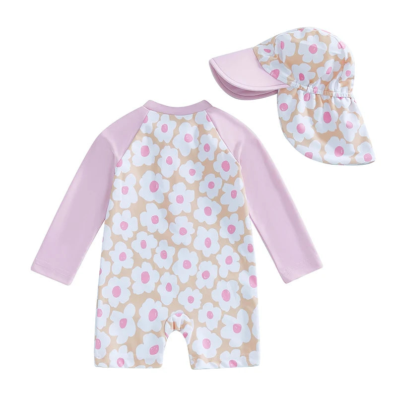 Tregren Toddler Girl Long Sleeve Swimsuit Floral/Flamingo Print Half Zipper Rash Guard Swimwear with Sun Hat Infant Beachwear