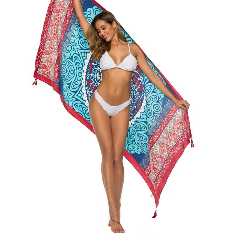 Fashions 90x180cm Twill Cotton Pareo Beach Cover-Ups Women Large Beach Dress Bikini Bathing Swimwear Cover Up Sarong Wrap Scarf