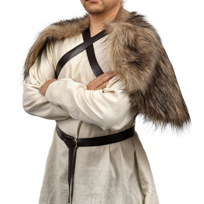 Fur Collar Cape Medieval Winter Clothing King Warrior Viking Fur Shawl With Chest Strap Faux Fur Cloak Halloween Cosplay Costume
