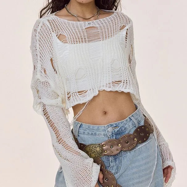 Y2k Cropped Hole Sweater Sexy Gyaru Hollow Out Knit Pullovers Goth Korean Long Sleeve Jumper Summer Fashion Sheer Knitwears Tops