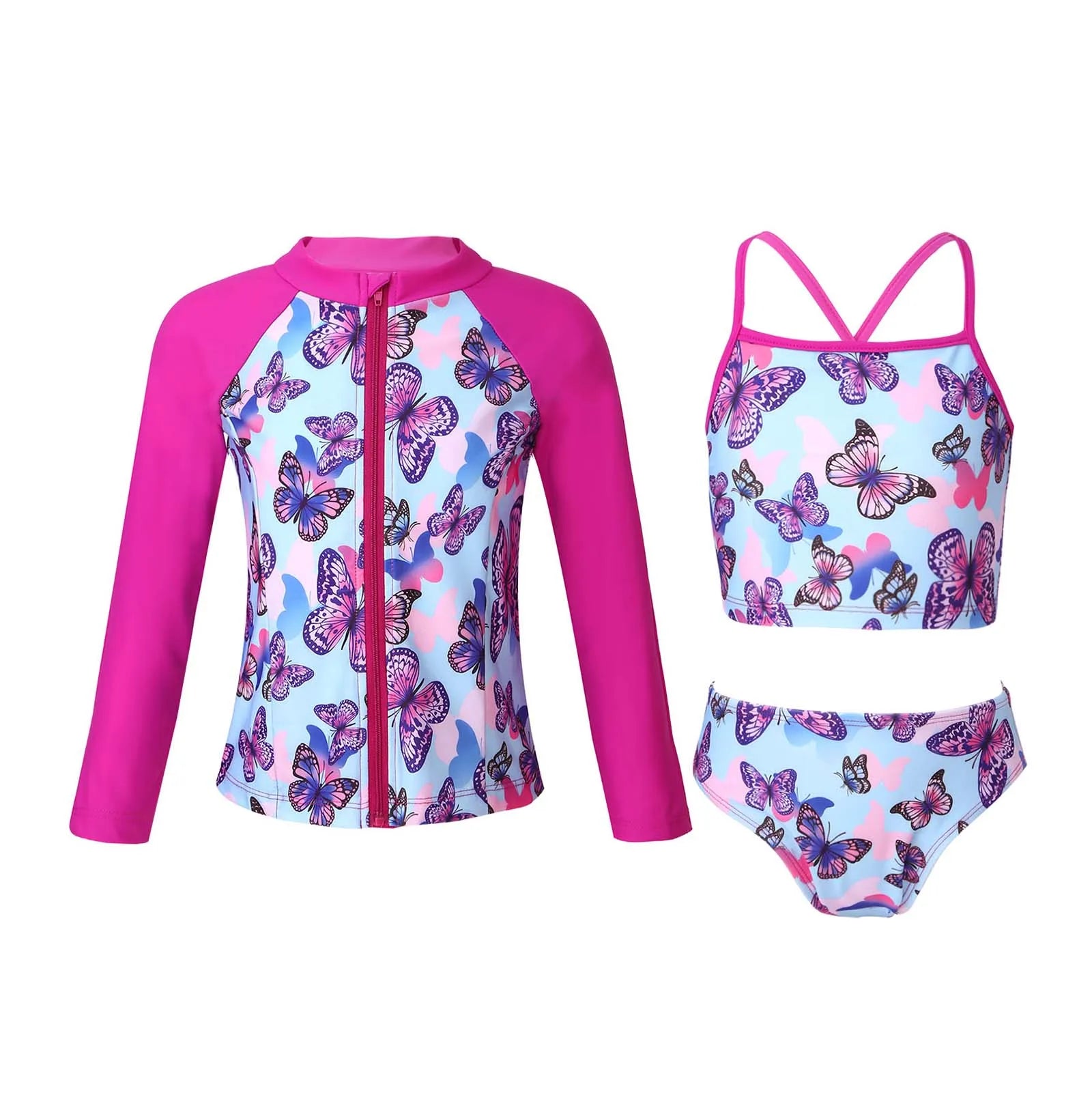 Kids Girls 4PCS Printed Swimsuit Long Sleeve Outerwear with Sleeveless Crop Top Briefs Shorts Bathing Suit Rash Guard Swimwear
