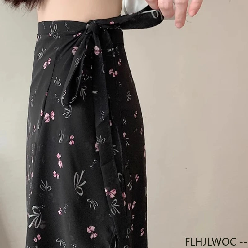 Wrap Up Chic Korea Clothes Women Cute Girls Floral Robe Holiday Beach Date High Waist Retro Vintage One-Piece Lace-Up Skirts