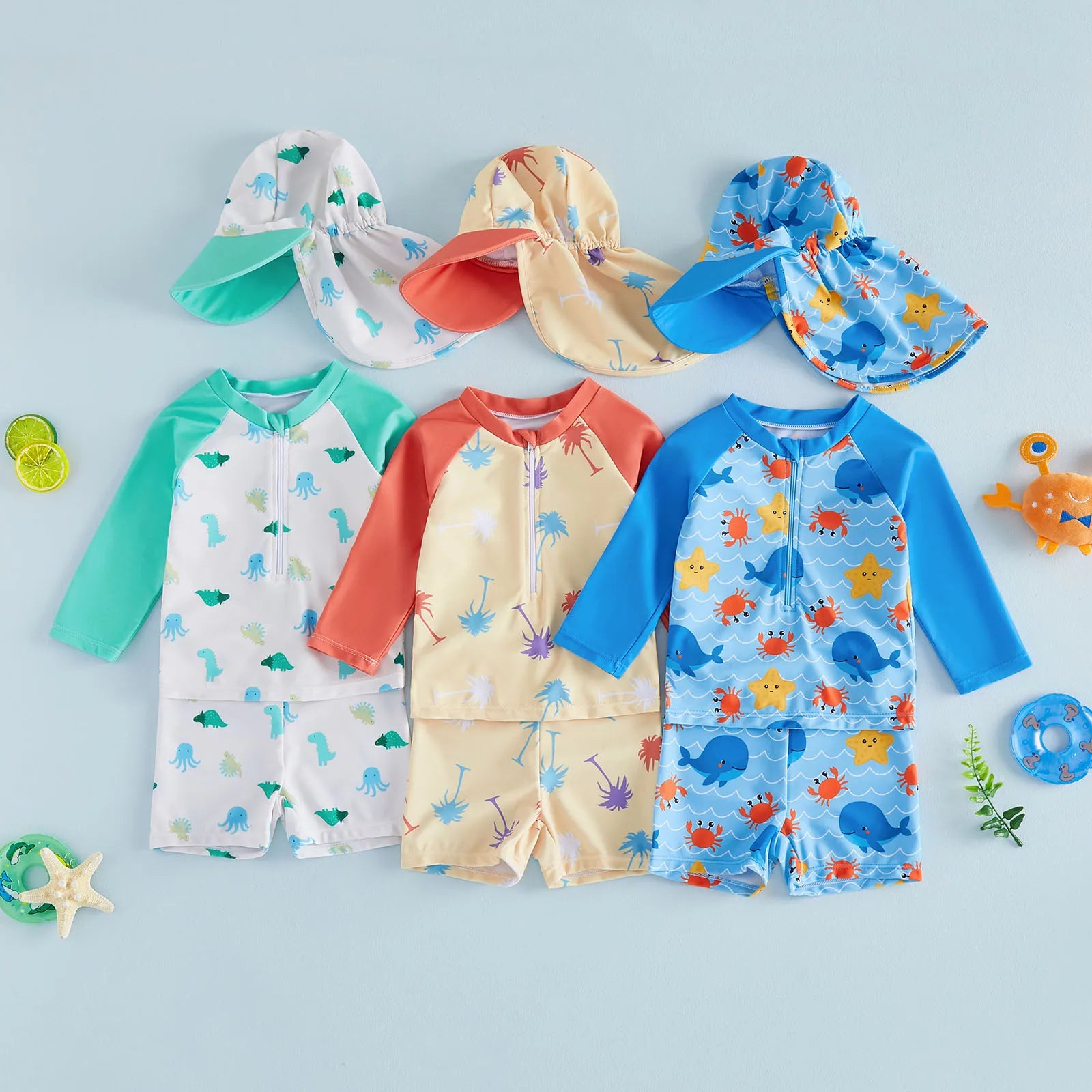 3Pcs Toddler Boy Swimsuit Set Long Sleeve Crew Neck Marine Animal Print Tops Swim Trunks and Hat Rash Guard Bathing Suit