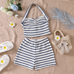 Girls 8-12 Casual 2-Piece Set, Navy Blue White Striped Halter Crop Top & Matching Elastic Waist Shorts, Beachy for Daily Summer