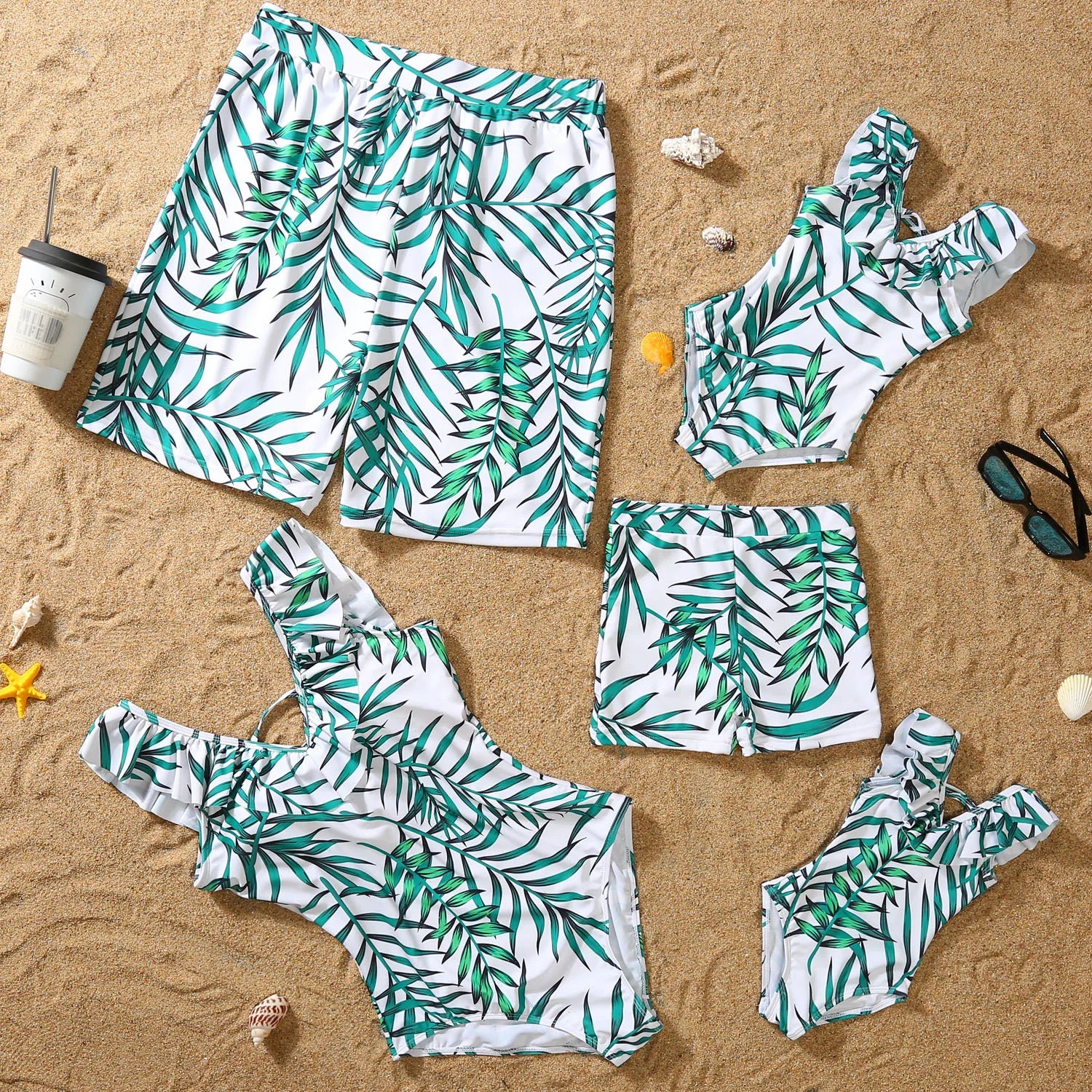 New Family Matching Outfits Leaf Printed Matching Swimsuit Family Look Floral Full Print Multi-color One-piece Matching Swimwear