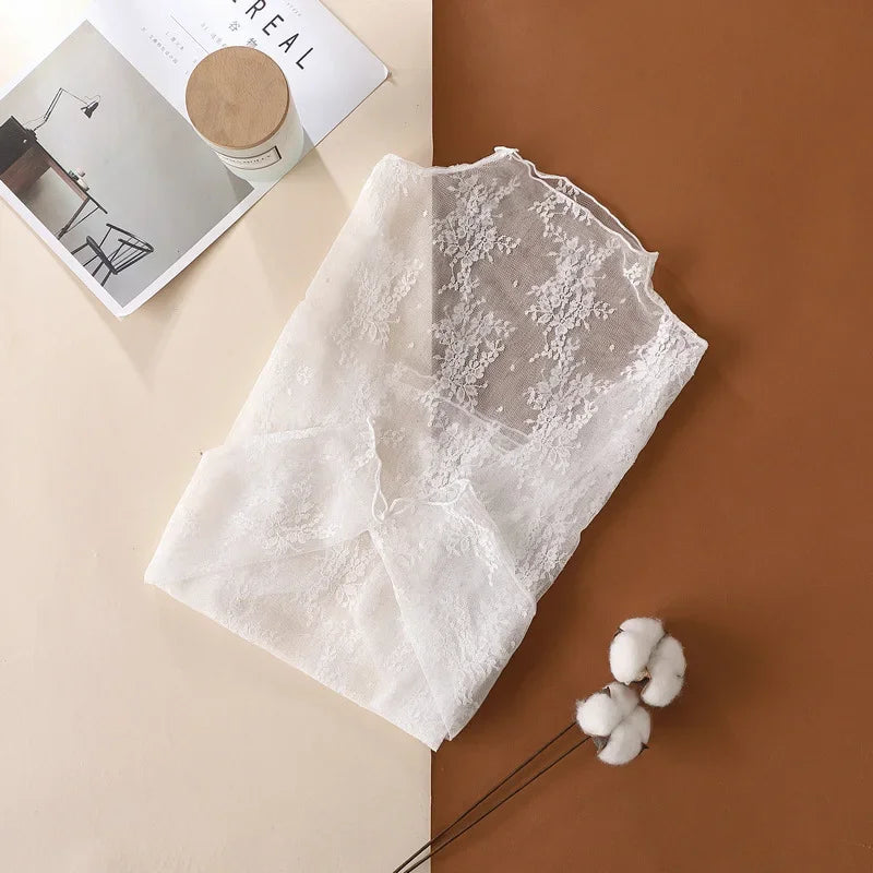New Women Floral Lace Shirt Spring Autumn Long Sleeve Sexy Mesh Bottoming Shirts Mock Neck Blouse T-Shirt Pullover Top