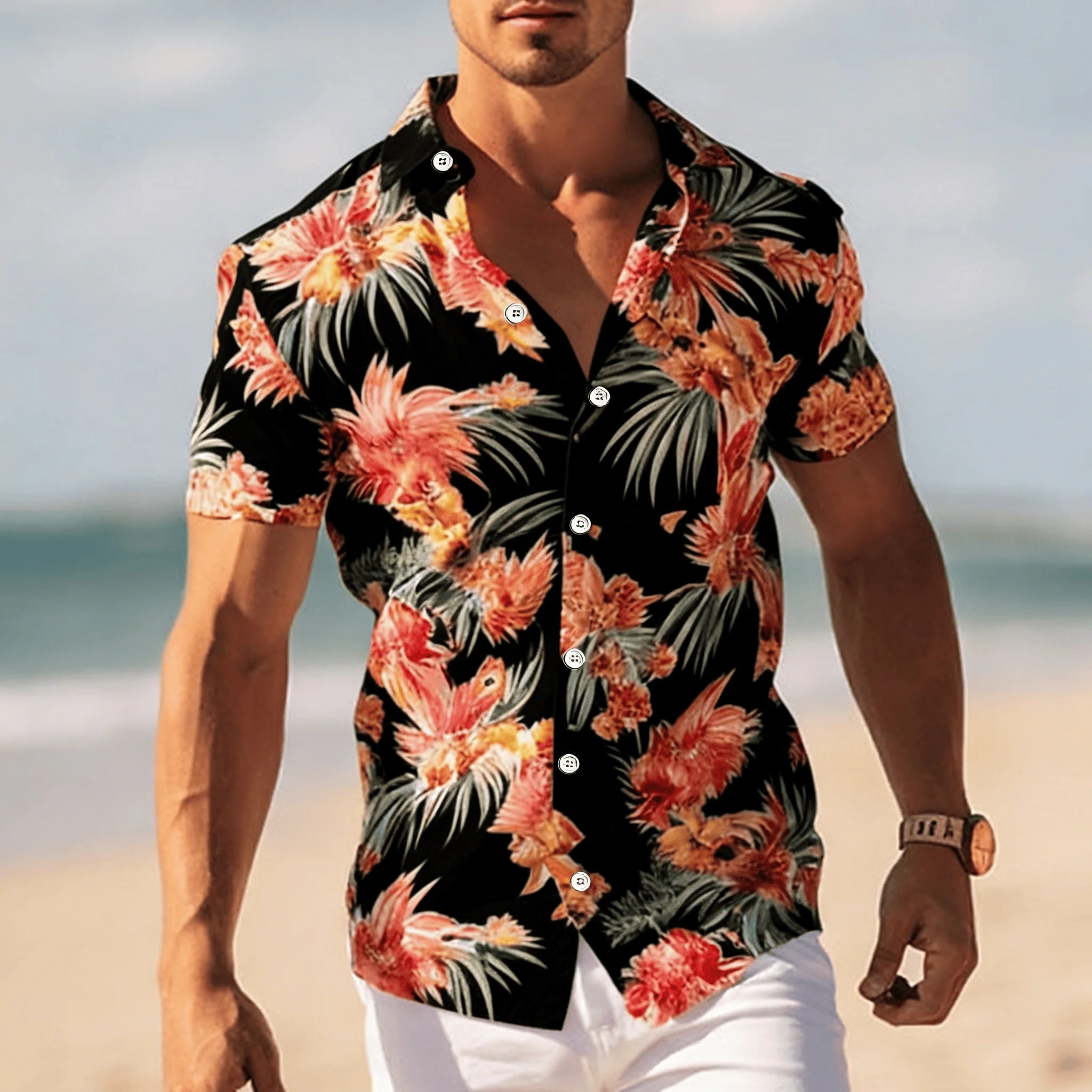 Men's Tropical Floral Print Short Sleeve Shirt, Spring Summer Cool Vacation Casual Top, Pocket Lapel Style