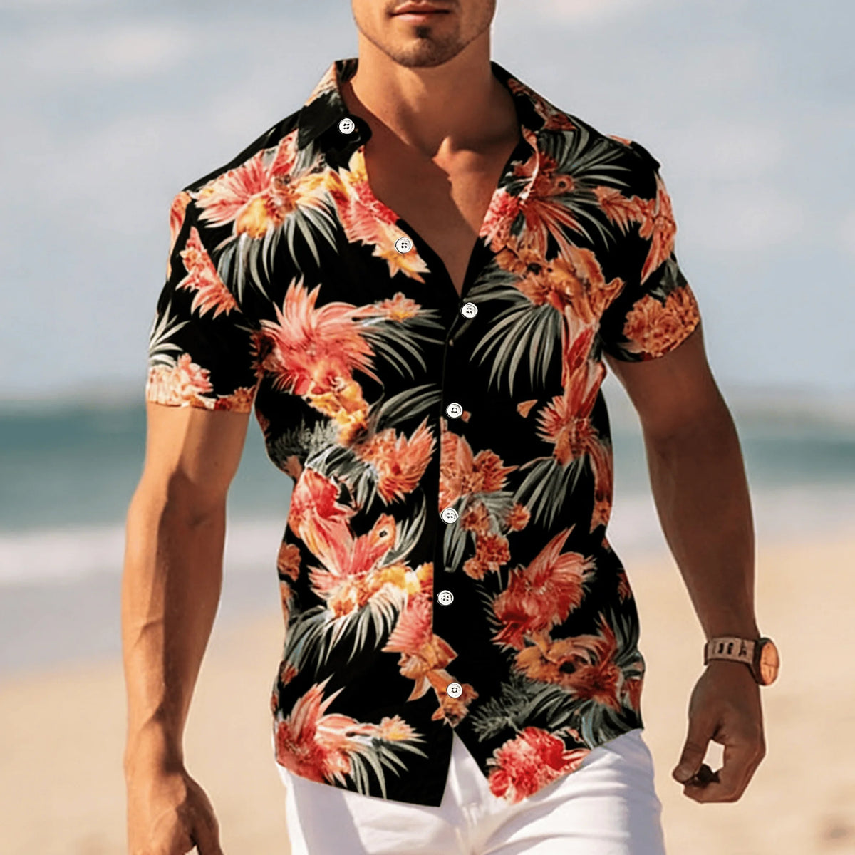 Men's Tropical Floral Print Short Sleeve Shirt, Spring Summer Cool Vacation Casual Top, Pocket Lapel Style