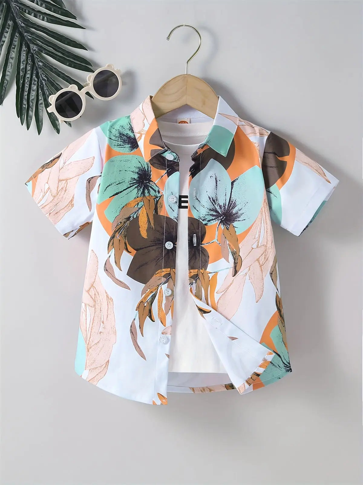 Boys Flowers and Leaves Print Short Sleeves Shirt Hawaiian Style for Vacation Beach Kids Summer Clothes O-Neck Children's Shirt