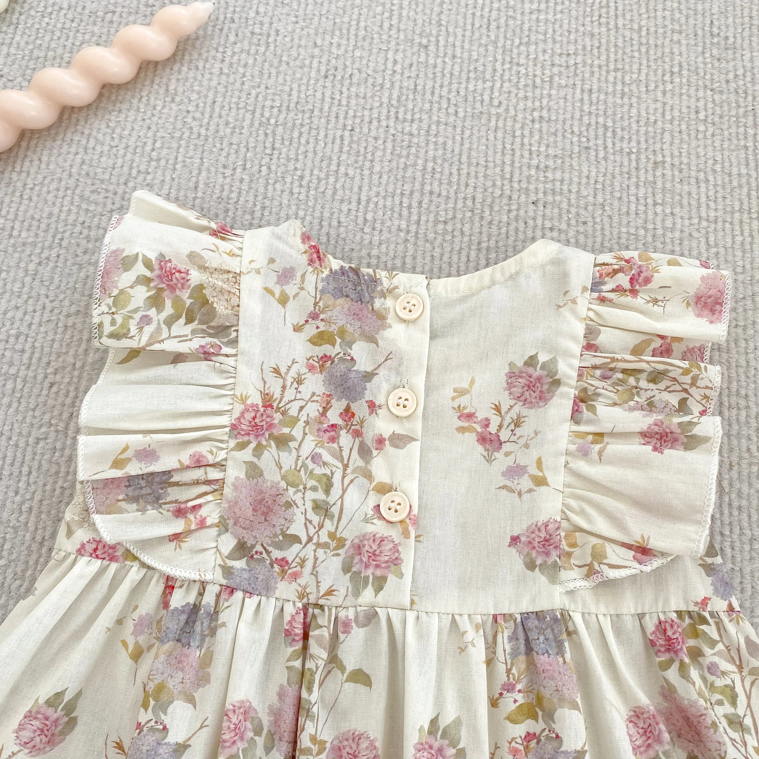 Girls Pink Floral Dress Ruffle Baby Romper Dress Summer Kids Short Sleeve Beach Dresses Toddler Bodysuit Sister Family Clothes