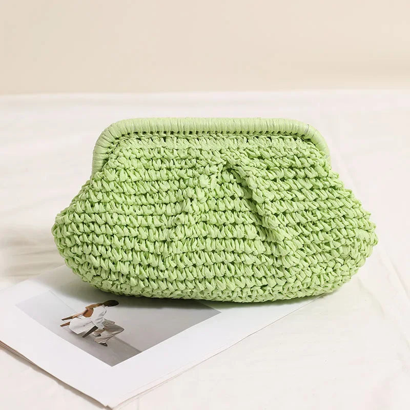 2025 New Women Straw Woven Bag Chain Strap Straw Clutch Purse Large Capacity Stylish Crossbody Bag Solid Color for Summer Beach