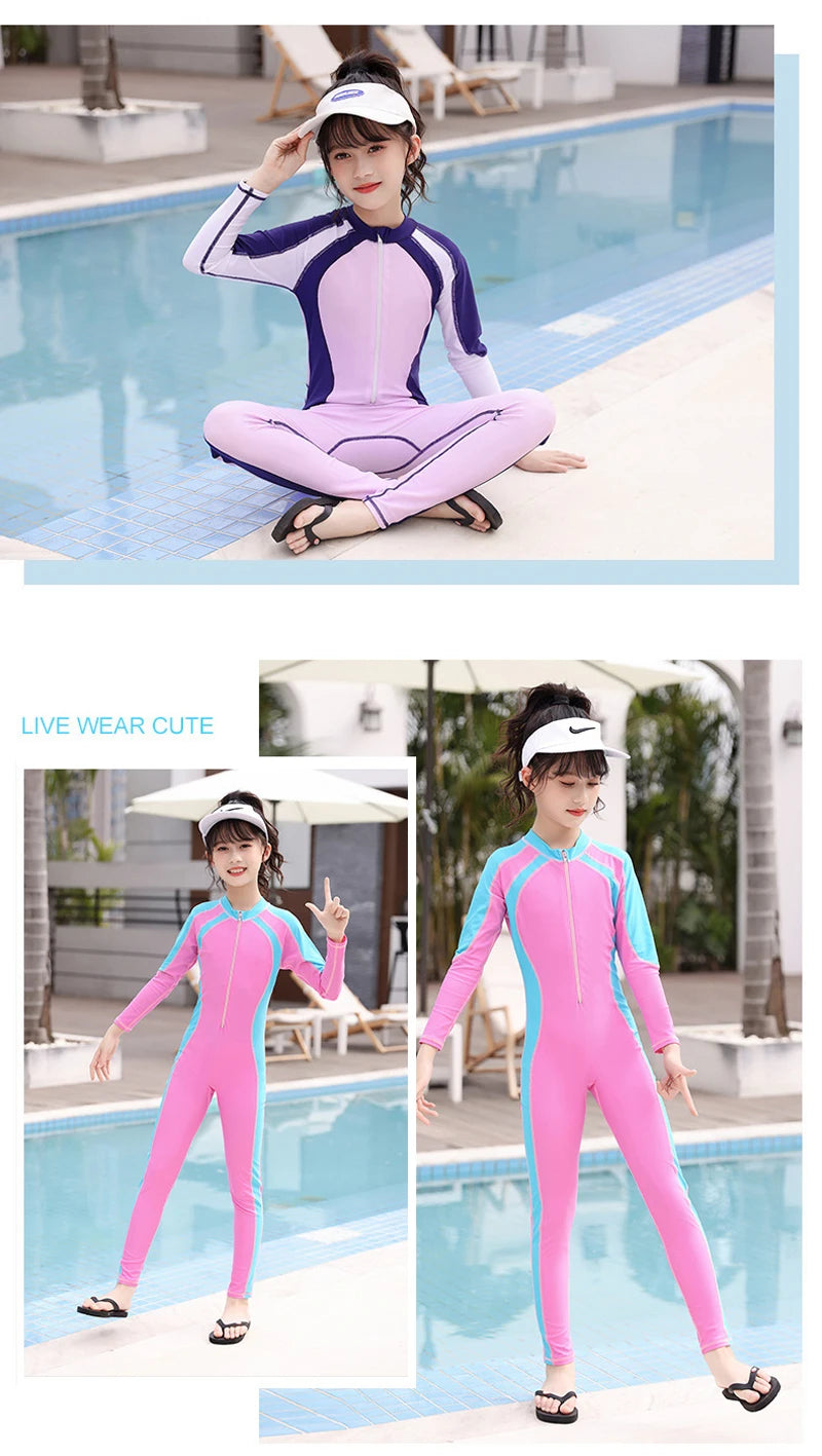 One Piece Girls Swimwear Full Cover Long Sleeve Swimsuit Kids Sun Protection Swimming Suit Teenage Korean Style Bathing Suit
