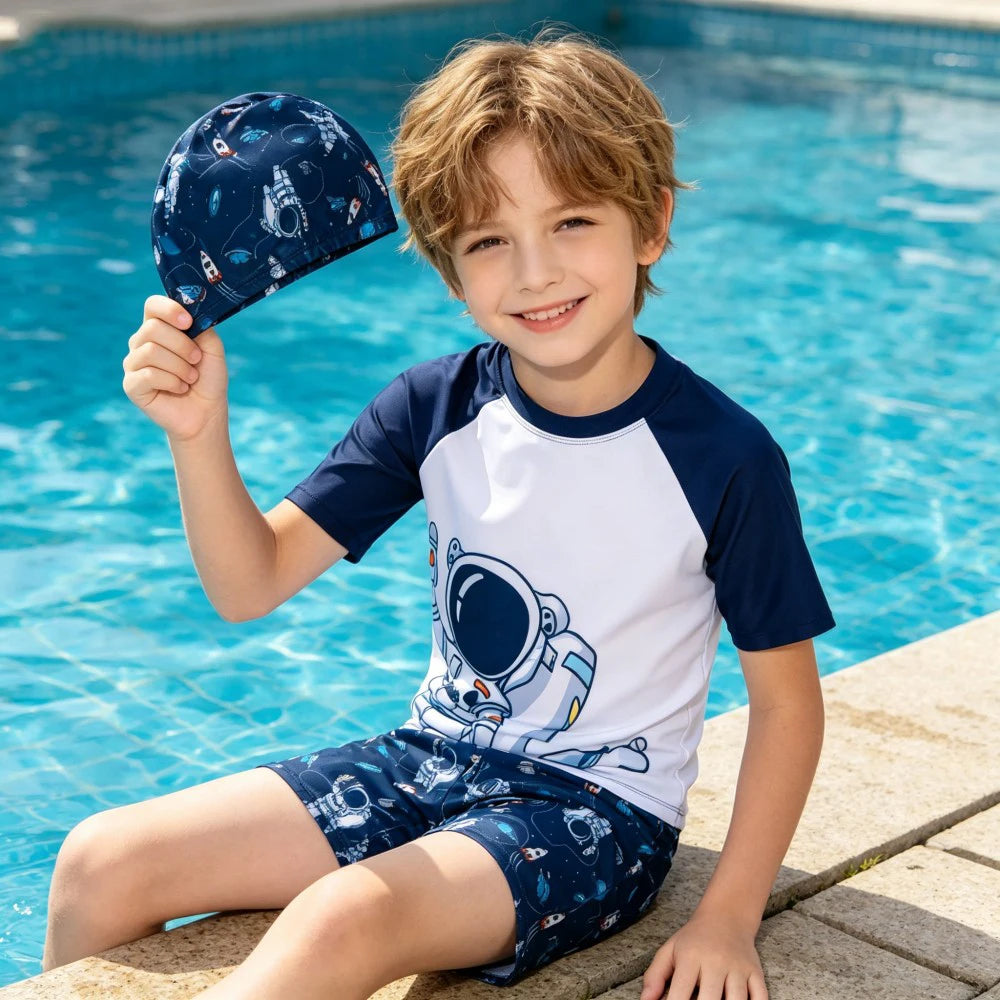 Kids Shark Print Swimwear Set 3Pcs Boys Short Sleeve Rash Guard Swimsuit + Trunks + Hat Children Beachwear Boys Bathing Suit