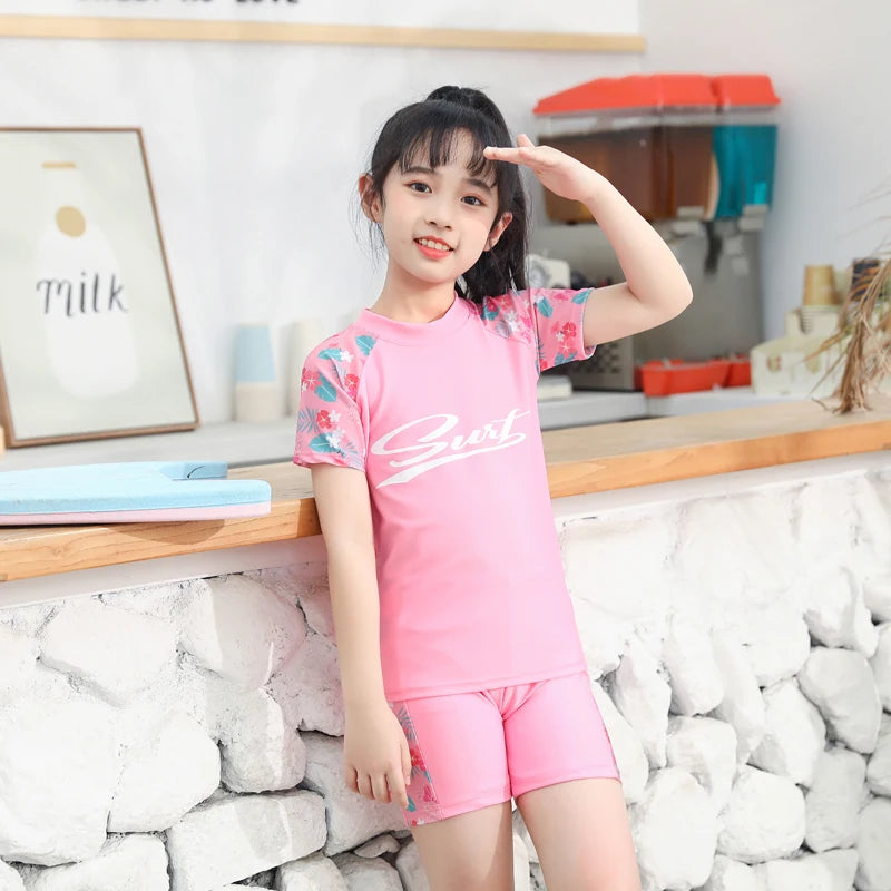 Kids Boy Swimsuit Summer Children Board Shorts Sets Boys Split Short Sleeve Quick Drying Boys Swimwear Beach Surfing Swimsuits