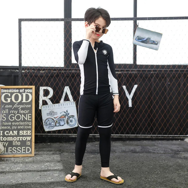 Boys Girls Swimsuit Long Sleeve Sun Protection Swimming Bathing Surfing Wetsuit Beach Wear Teenager Rash Guard