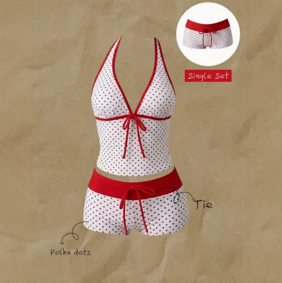 Women Swimwears Polka Dot 2-Piece Tankini Set Halter V Neck Front Tie Cami Top & Contrast Waistband Drawstring Swim Shorts