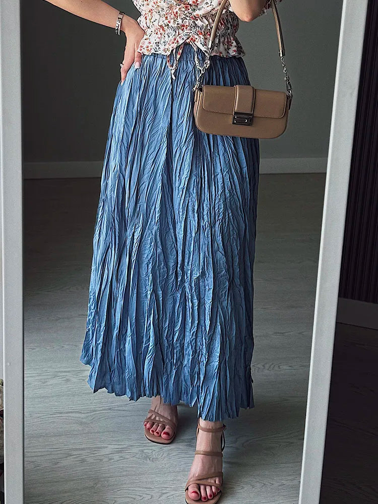 Streamgirl Women Summer Skirts Long Pleated A Line Elegant Solid Big Swing Maxi Skirt Ladies Blue White Beach Skirt Women Luxury