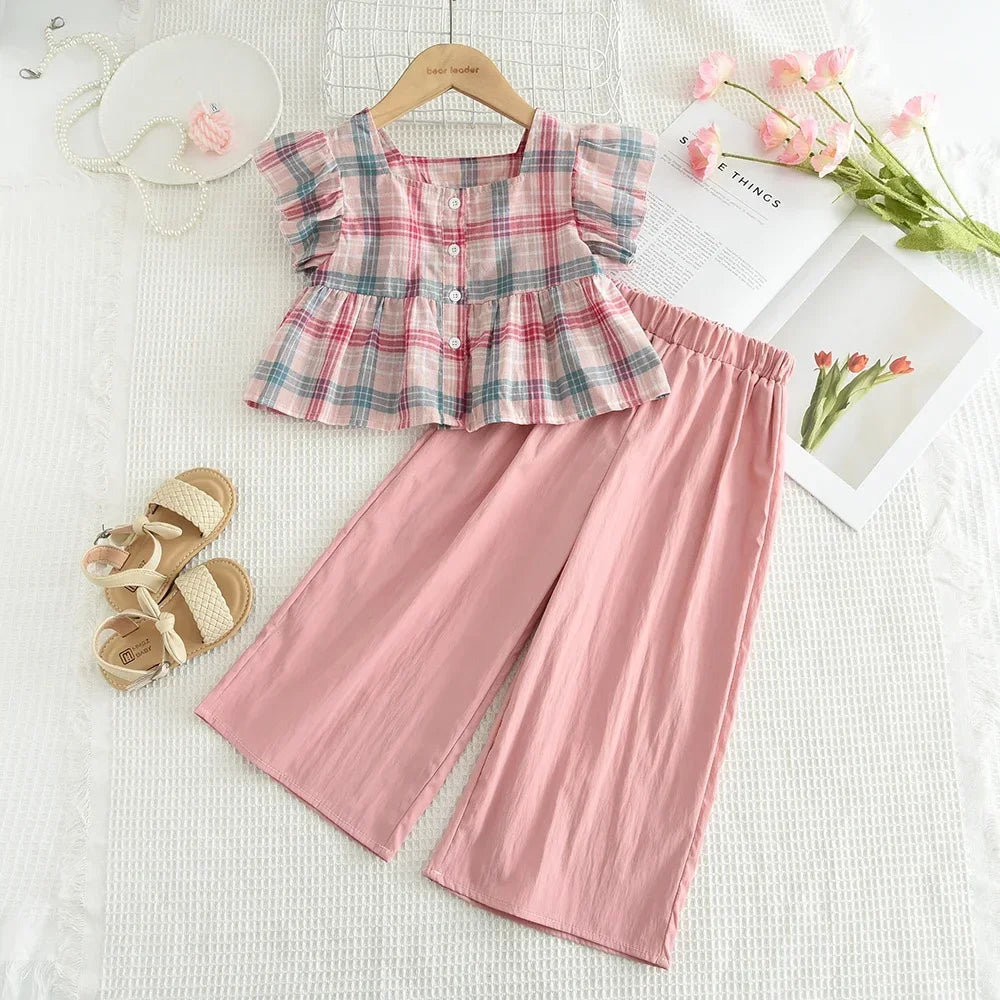 Summer Sweet and Casual 3-10-year-old Girls and Teenagers Pink Suit Square Collar Checkered Top+Wide Leg Pants Two Piece Set