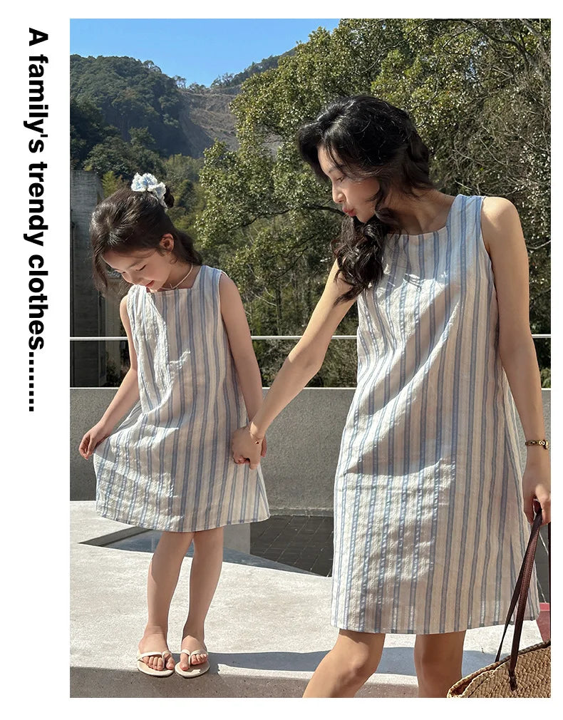 Korea Style Family Matching Outfit Striped Print Short Sleeve T-shirt+Shorts Tank Dress Parent-child Clothing Beach Holiday Look