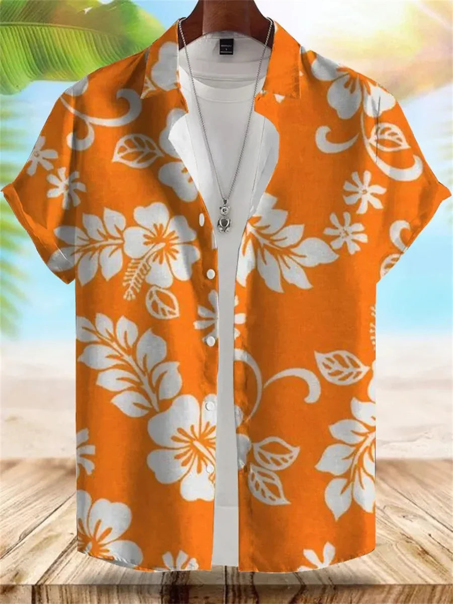 2026 Summer New Men's Tropical Floral Print Short-Sleeve Shirt, Casual Loose Fit, Vacation Style, Beachwear, Hawaiian Shirt