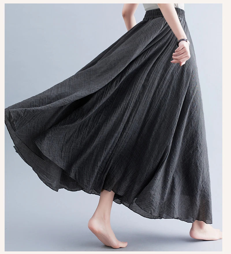 Boho Cotton Linen Beach Long Skirt Women Vintage Casual Solid A-line High Waist Dance Floor-Length Maxi Skirt Spring Summer New