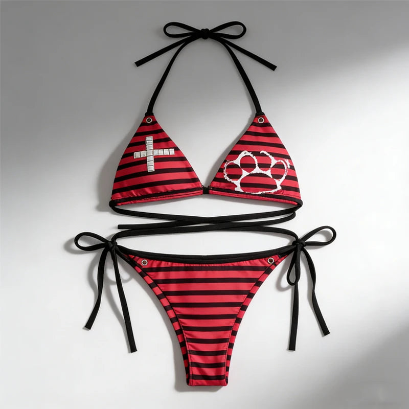 Striped Cross & Paw Print Bikini Set Women Triangle Halter Top Tie Side Bottoms Summer Y2K Punk Aesthetic Beachwear