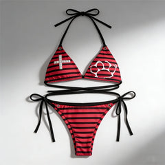 Striped Cross & Paw Print Bikini Set Women Triangle Halter Top Tie Side Bottoms Summer Y2K Punk Aesthetic Beachwear