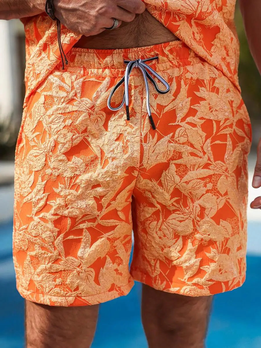 Genlund Men's Burnt Orange Summer 2 Piece Set,Boho Short Sleeve Print Shirt And Shorts,Tropical Vacation Holiday Outfit,Resort