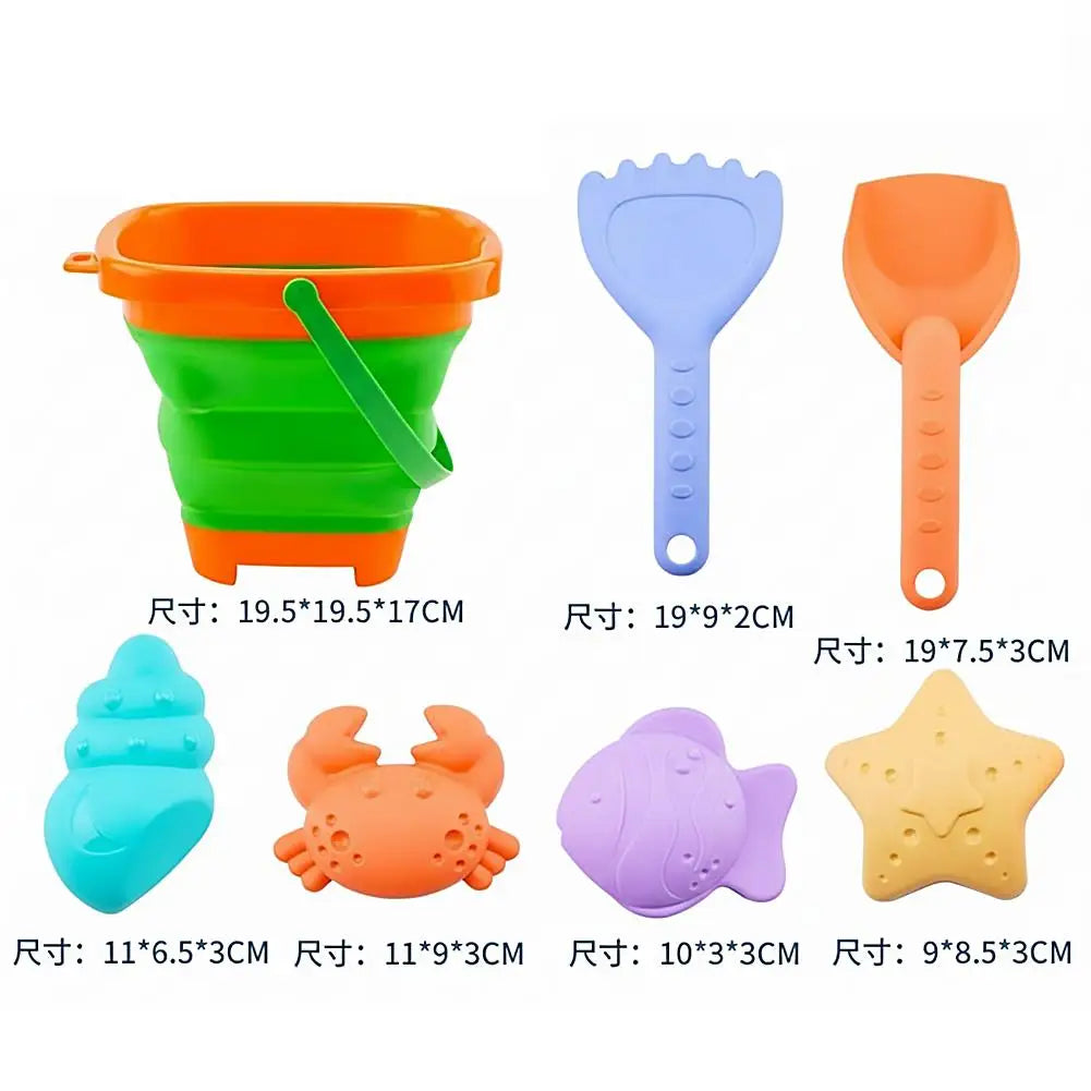 Foldable Beach Sand Toys Set Collapsible Bucket with Shovel & Molds for Sand, Snow & Water Play Portable Beach Toys for Toddlers