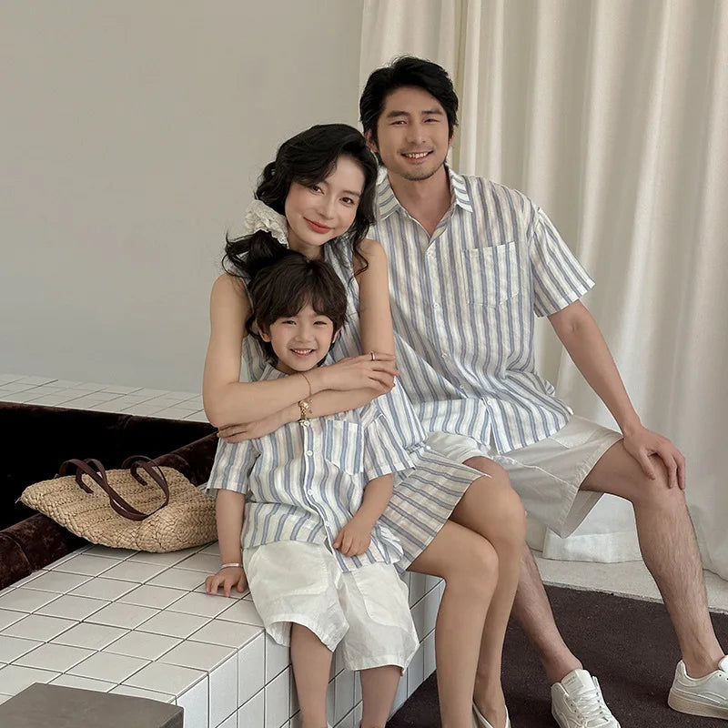 Korea Style Family Matching Outfit Striped Print Short Sleeve T-shirt+Shorts Tank Dress Parent-child Clothing Beach Holiday Look