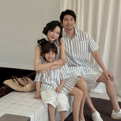 Korea Style Family Matching Outfit Striped Print Short Sleeve T-shirt+Shorts Tank Dress Parent-child Clothing Beach Holiday Look