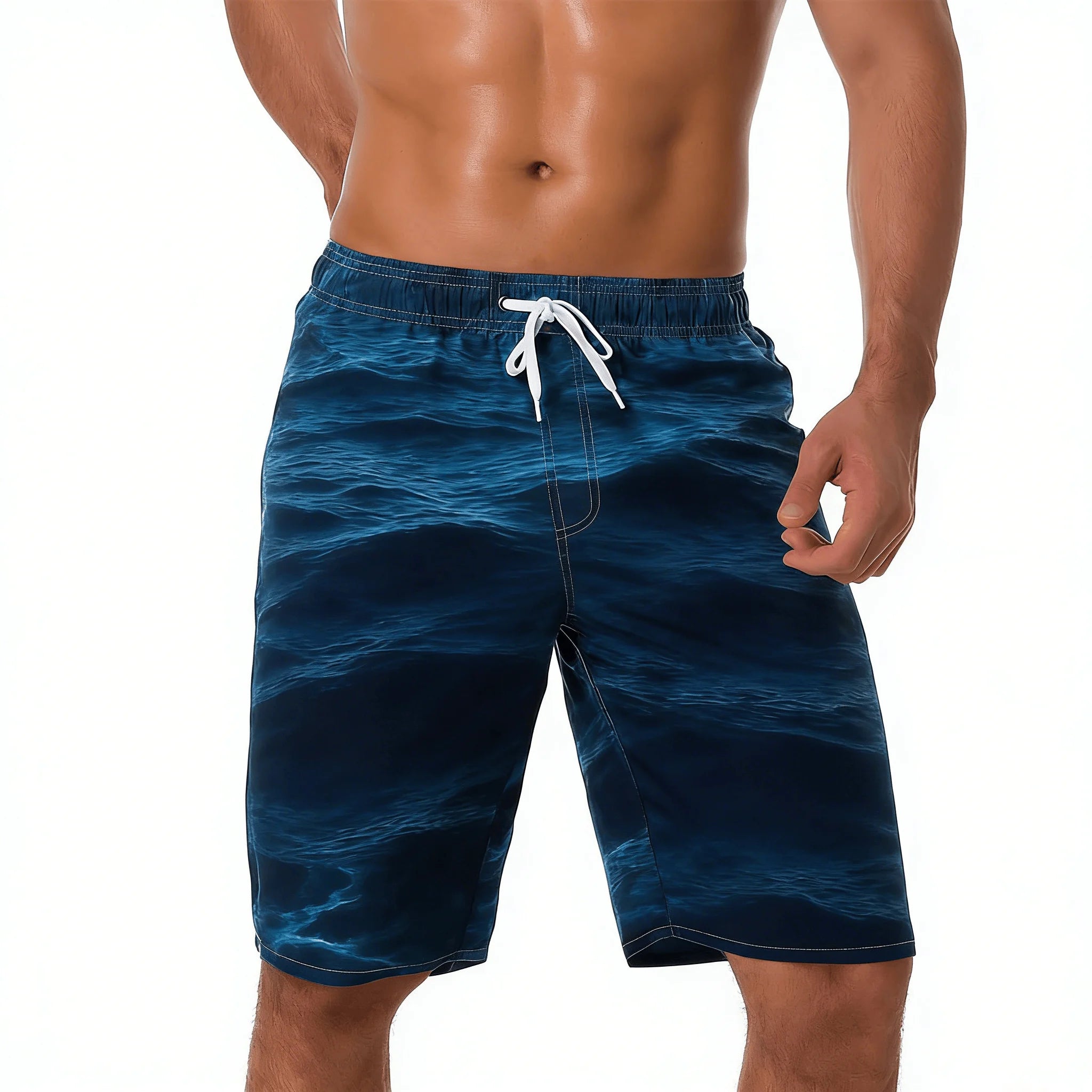 Men's Cyan Gradient Water Ripple Print Drawstring Shorts, Spring Summer Fresh Beach Casual Shorts, Pocket Beach Shorts