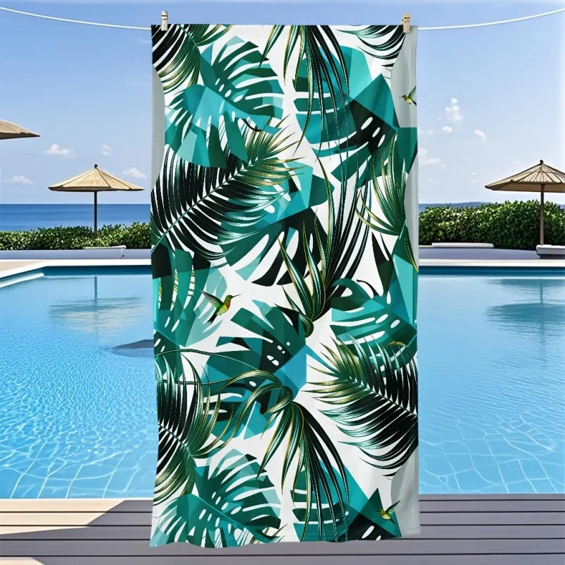 Tropical Hibiscus Dark Style Black Base Large Blue Hibiscus Palm Leaf Exotic Floral Print Quick Dry Beach Towel