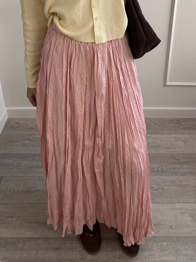 Streamgirl Women Summer Skirts Long Pleated A Line Elegant Solid Big Swing Maxi Skirt Ladies Blue White Beach Skirt Women Luxury