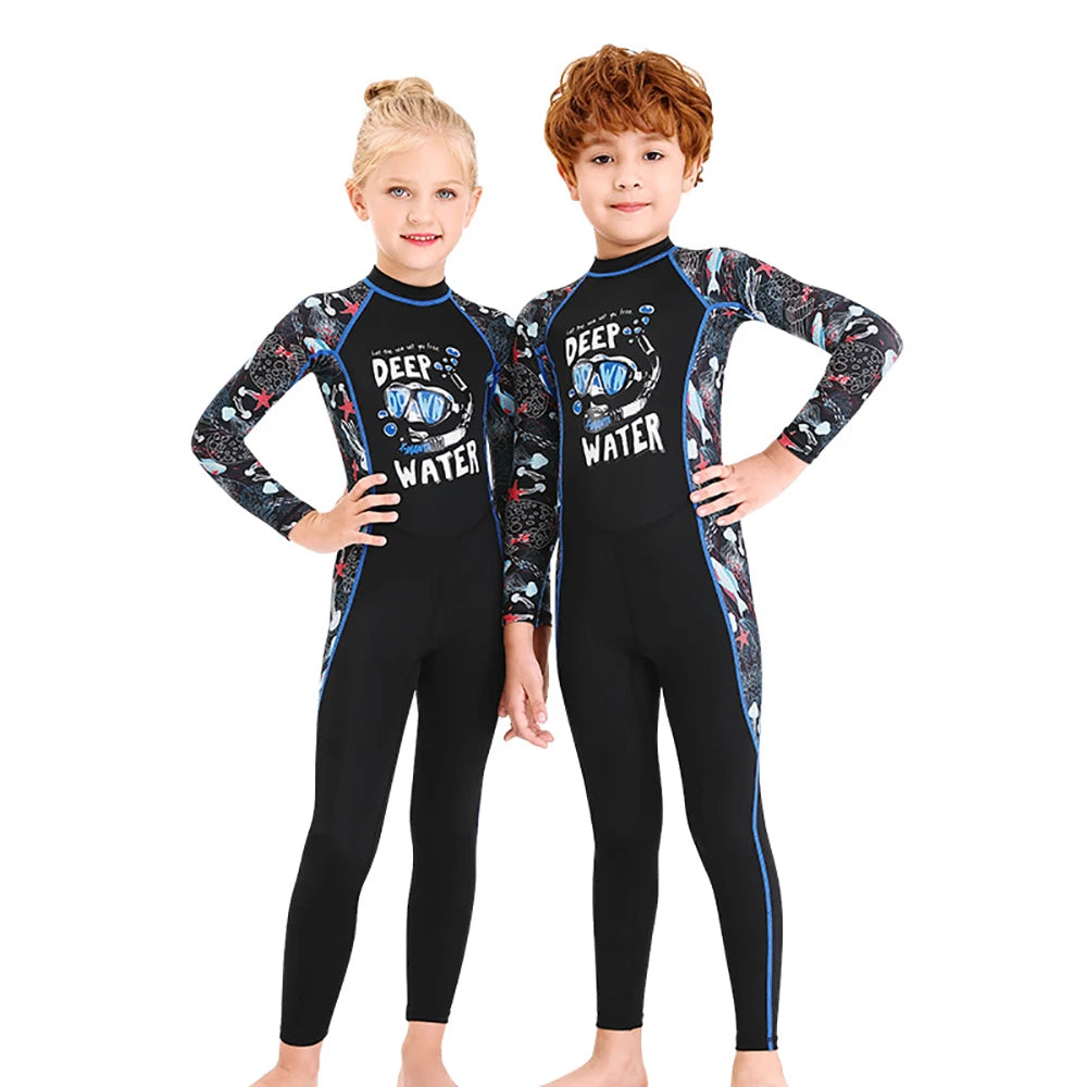 Girl Boy Swimwear Zipper One Piece Suit Kids Sunscreen Quick Drying Long Swimsuit Beachwear Bathing Suit(Including Swimming Cap)